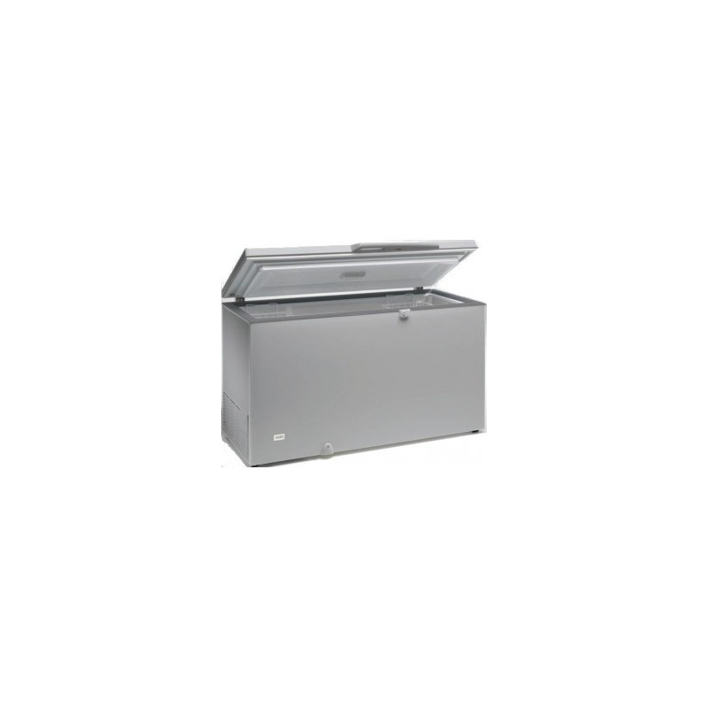 Congélateur 400 litres couvercle dessus inox porte pleine aspect inox