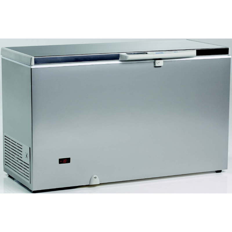 Congélateur 400 litres couvercle dessus inox porte pleine aspect inox